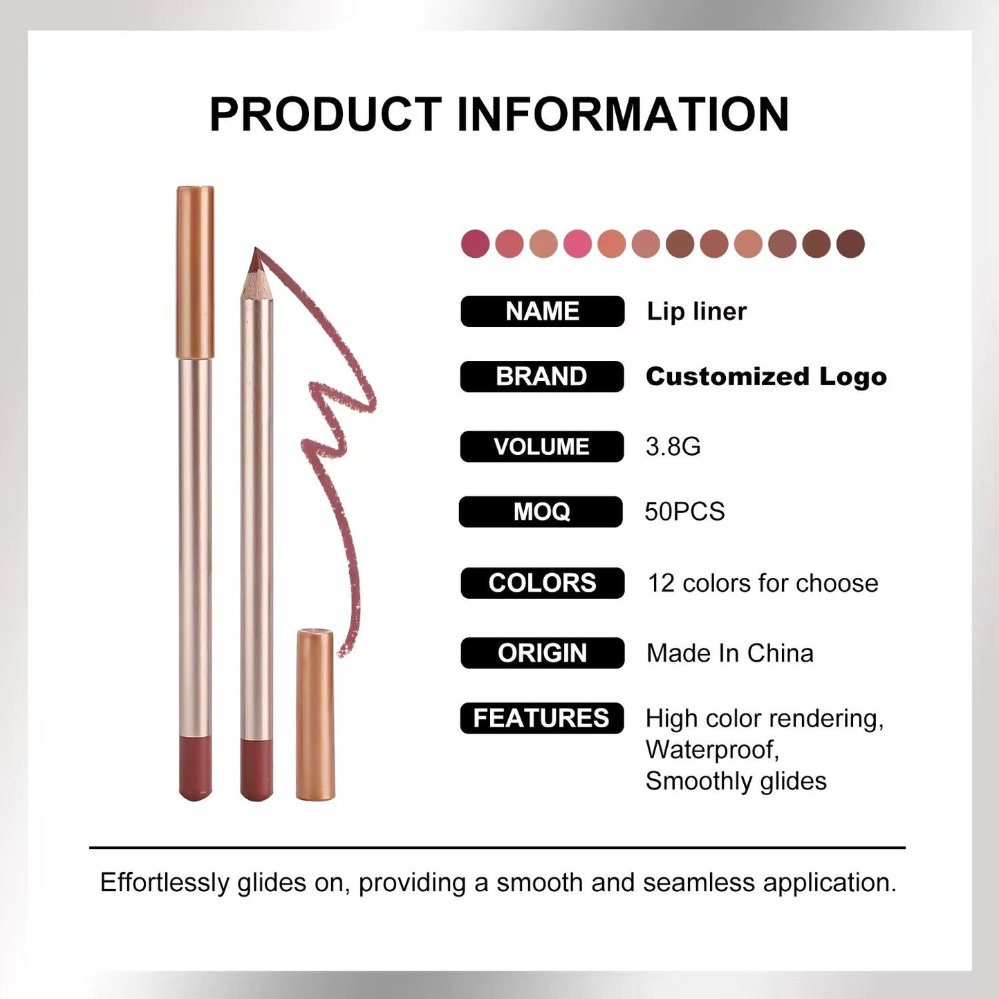 50pcs Private Label Gold Pencil Lip Liner + Sharpener