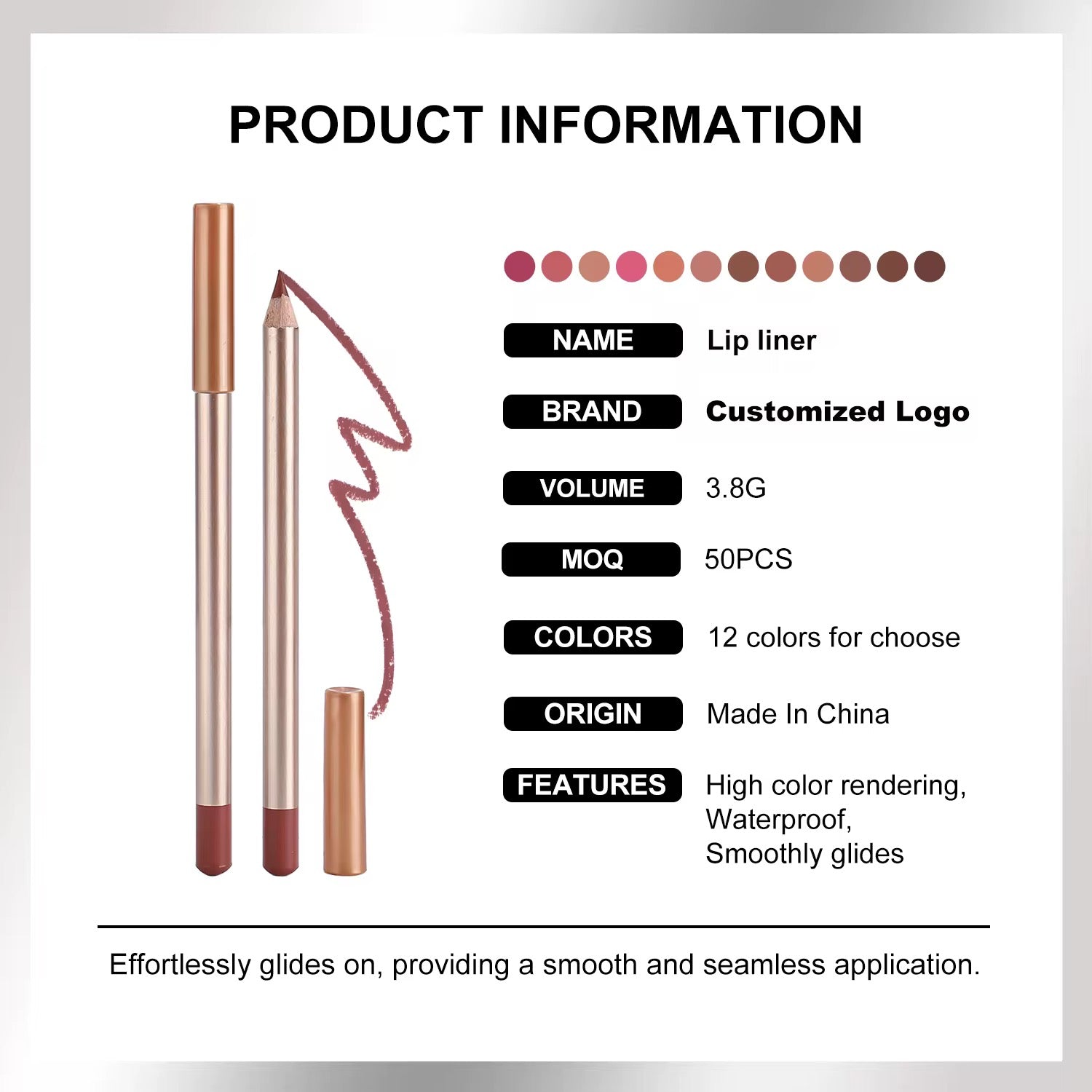 50pcs Private Label Gold Pencil Lip Liner + Sharpener