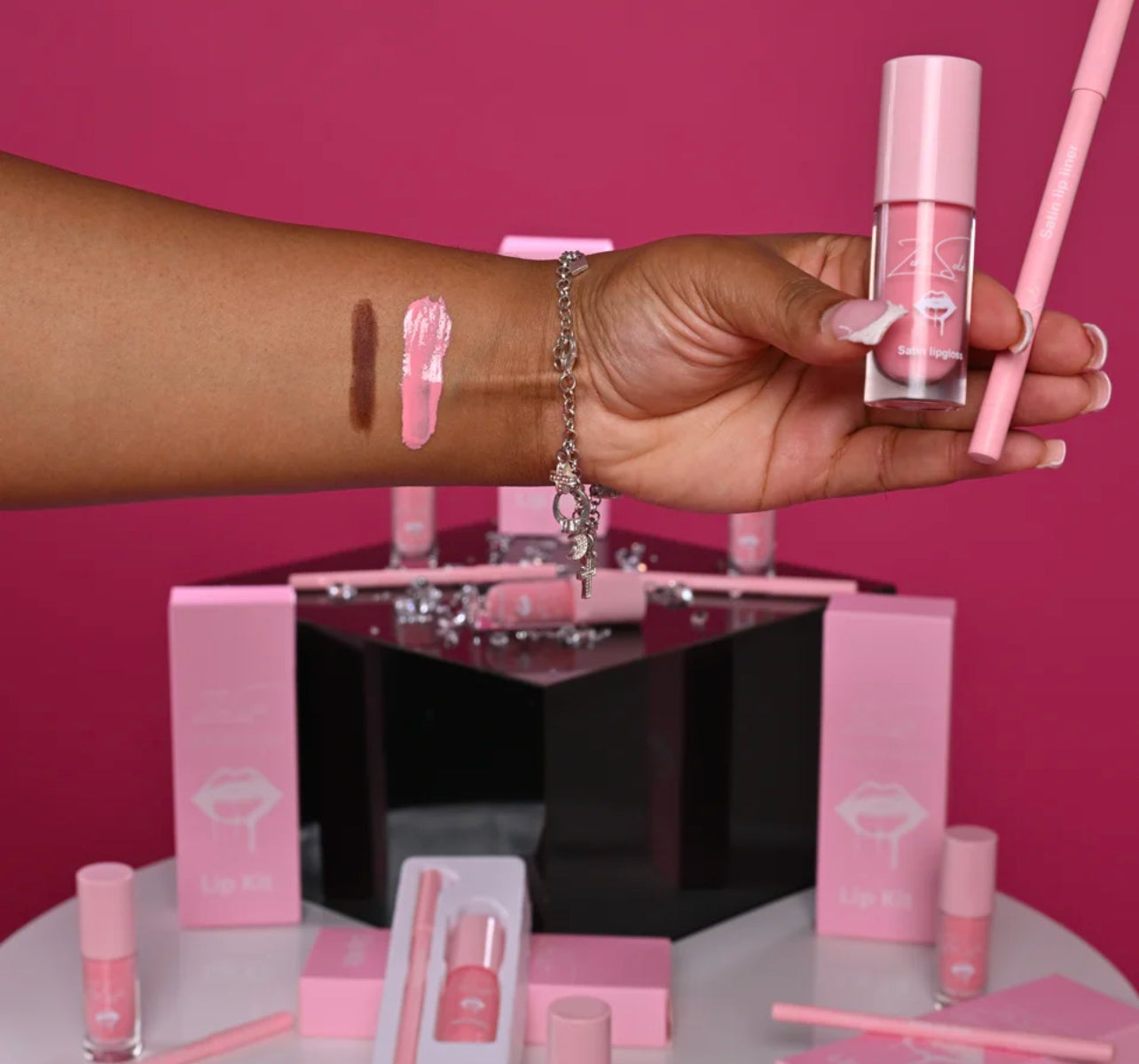 50 Sets Private Label Pink Tube Lip Gloss + Lip Liner Kit