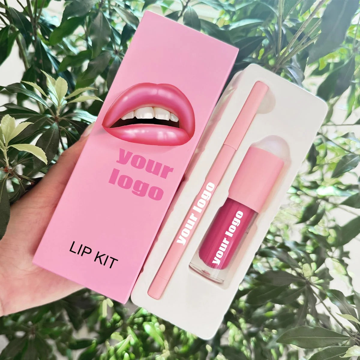 50 Sets Private Label Pink Tube Lip Gloss + Lip Liner Kit