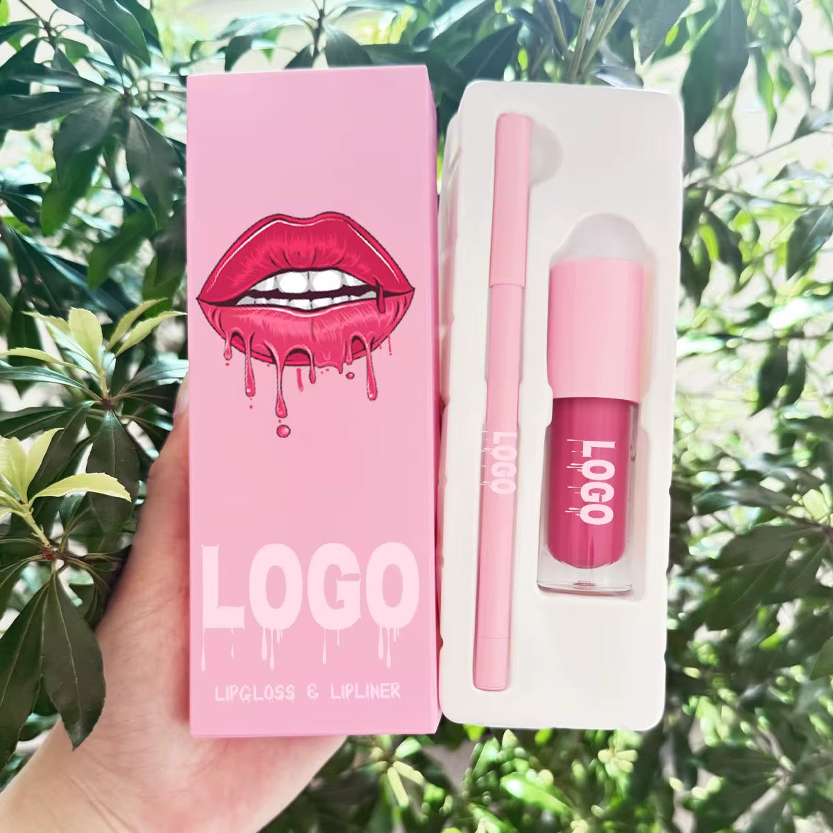 50 Sets Private Label Pink Tube Lip Gloss + Lip Liner Kit