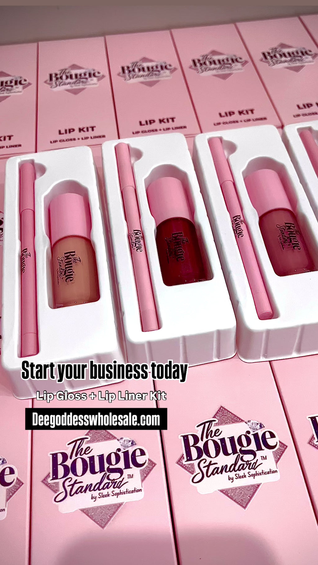 50 Sets Private Label Pink Tube Lip Gloss + Lip Liner Kit